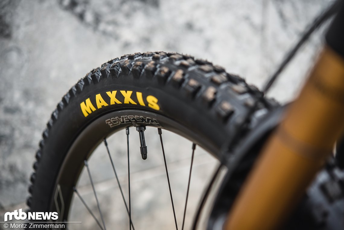 Die verbaute Maxxis Reifenkombination rollt gut, offenbart bei nassen tiefen Böden jedoch Schwächen.