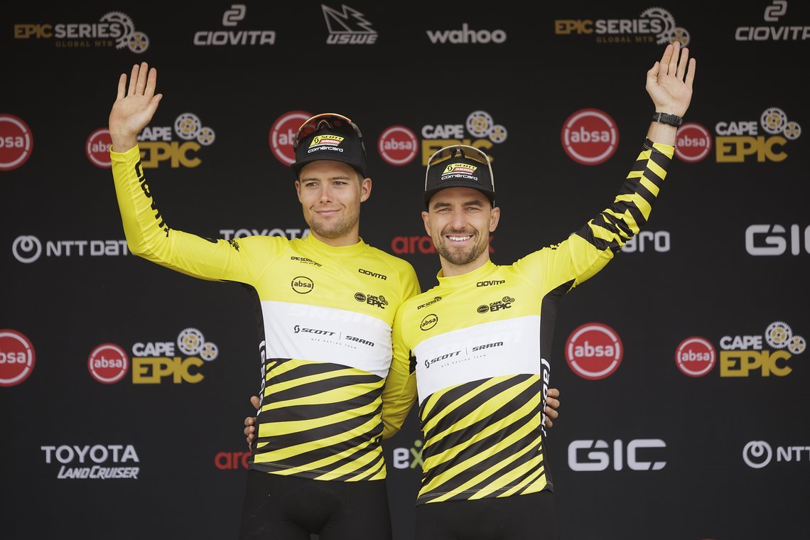 Filippo Colombo and Nino Schurter retain the yellow jersey during Stage 4 of the 2025 Absa Cape Epic Mountain Bike stage race held at Fairview, Paarl, Cape Town, South Africa on the 20th March 2025. Photo by Nick Muzik/Cape Epic
PLEASE ENSURE THE APP