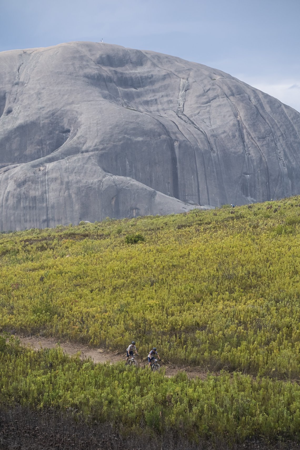 Riders with Paarl Rock in background during Stage 4 of the 2025 Absa Cape Epic Mountain Bike stage race held at Fairview, Paarl, Cape Town, South Africa on the 20th March 2025. Photo by Dom Barnardt/Cape Epic
PLEASE ENSURE THE APPROPRIATE CREDIT IS G