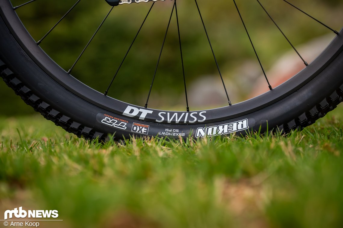 Trotz des geringen Federwegs kommen robuste Allmountain-Laufräder von DT-Swiss zum Einsatz.