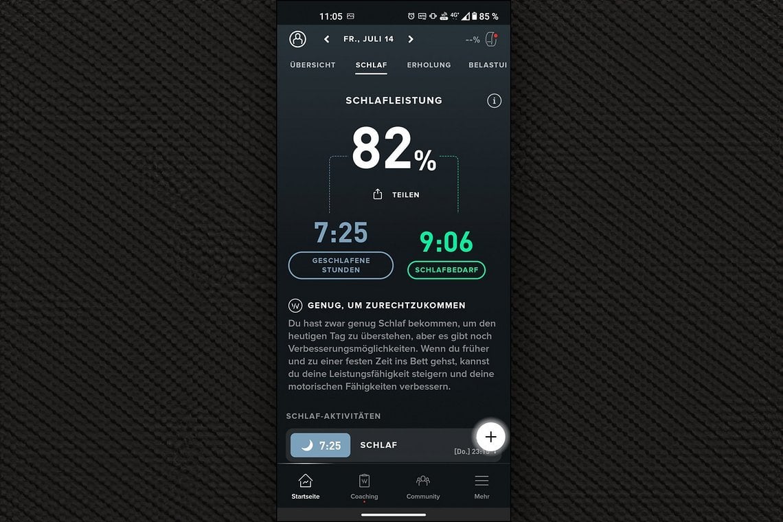Der empfohlene Schlafbedarf fällt bei Whoop relativ hoch aus.