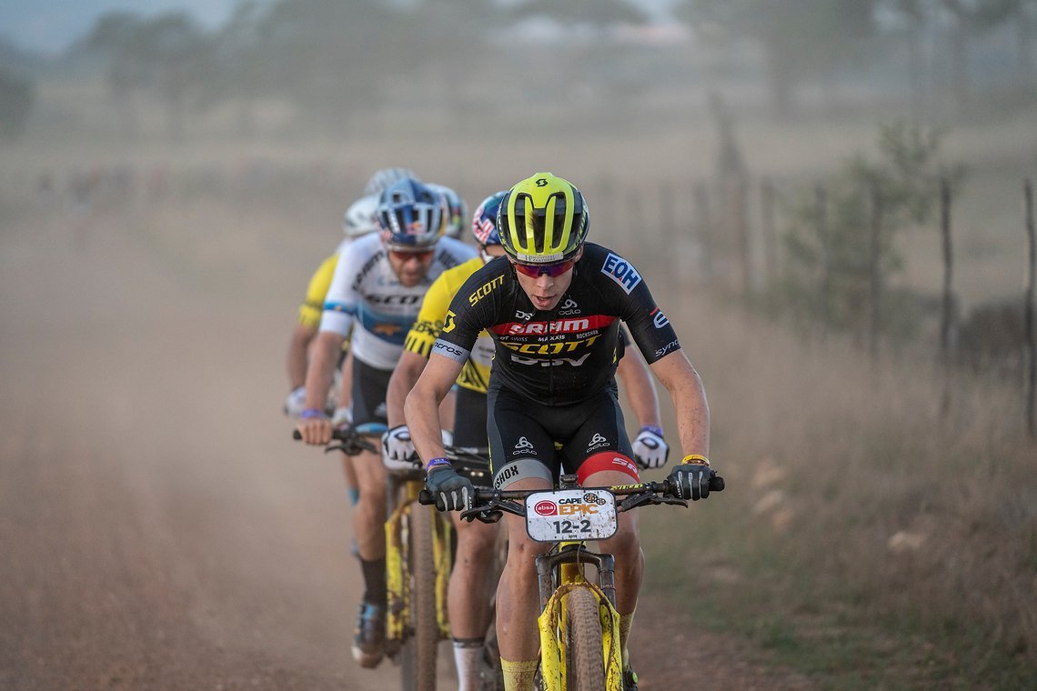Andri Frischknecht of SCOTT SRAM DVS leads from the gun during stage 5 of the 2019 Absa Cape Epic Mountain Bike stage race held from Oak Valley Estate in Elgin to the University of Stellenbosch Sports Fields in Stellenbosch, South Africa on the 22nd 