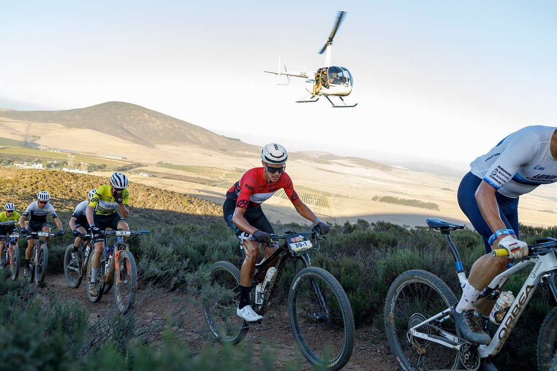 during Stage 1 of the 2025 Absa Cape Epic Mountain Bike stage race held at Meerendal Wine Estate, Cape Town, South Africa on the 17th March 2025. Photo by Nick Muzik/Cape Epic
PLEASE ENSURE THE APPROPRIATE CREDIT IS GIVEN TO THE PHOTOGRAPHER AND ABSA