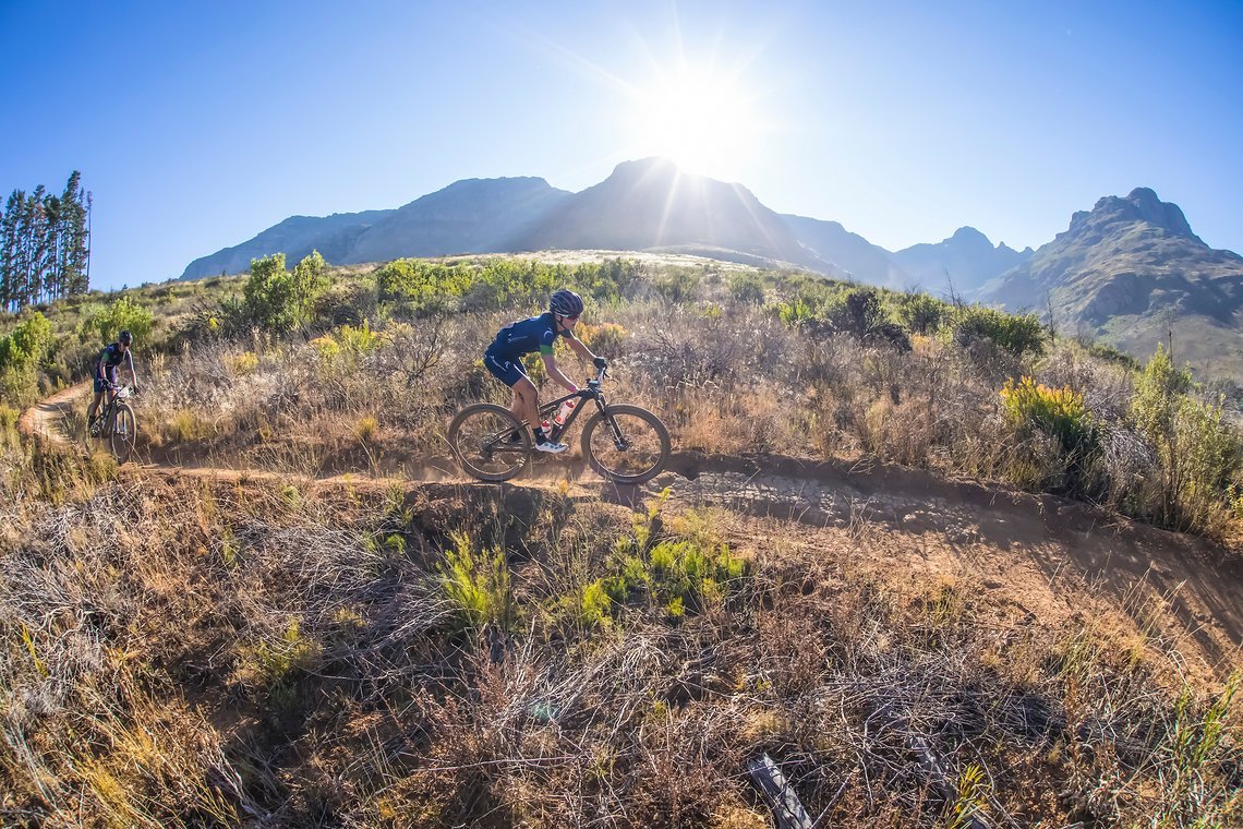 Ladies team during stage 1 of the 2022 Absa Cape Epic Mountain Bike stage race from Lourensford Wine Estate to Lourensford Wine Estate, South Africa on the 21st March 2022. © Dom Barnardt / Cape Epic
