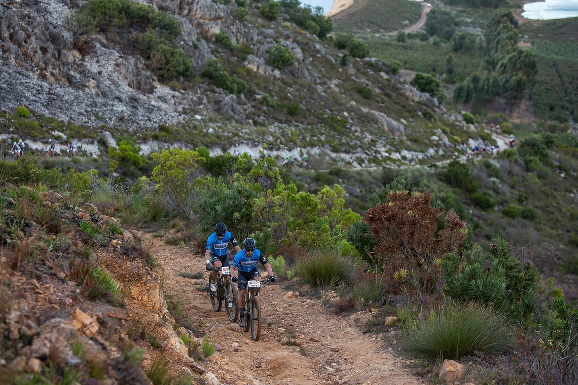 Joaquim Rodriguez and Jose Hermida during stage 5 of the 2019 Absa Cape Epic Mountain Bike stage race held from Oak Valley Estate in Elgin to the University of Stellenbosch Sports Fields in Stellenbosch, South Africa on the 22nd March 2019.

Photo 