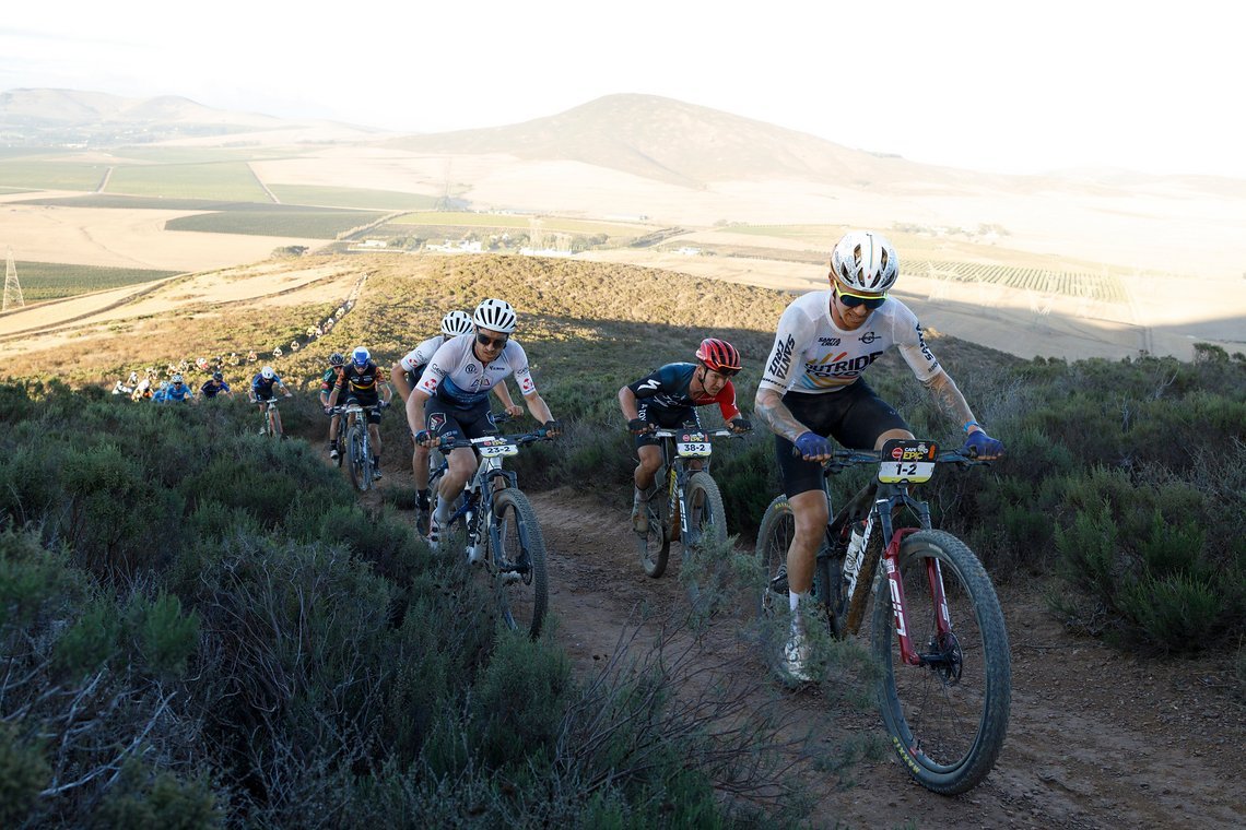 during Stage 1 of the 2025 Absa Cape Epic Mountain Bike stage race held at Meerendal Wine Estate, Cape Town, South Africa on the 17th March 2025. Photo by Nick Muzik/Cape Epic
PLEASE ENSURE THE APPROPRIATE CREDIT IS GIVEN TO THE PHOTOGRAPHER AND ABSA