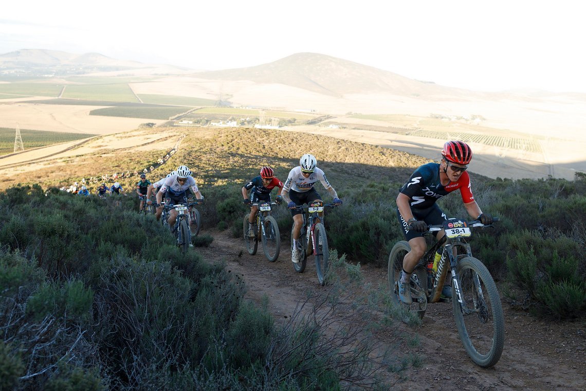 during Stage 1 of the 2025 Absa Cape Epic Mountain Bike stage race held at Meerendal Wine Estate, Cape Town, South Africa on the 17th March 2025. Photo by Nick Muzik/Cape Epic
PLEASE ENSURE THE APPROPRIATE CREDIT IS GIVEN TO THE PHOTOGRAPHER AND ABSA