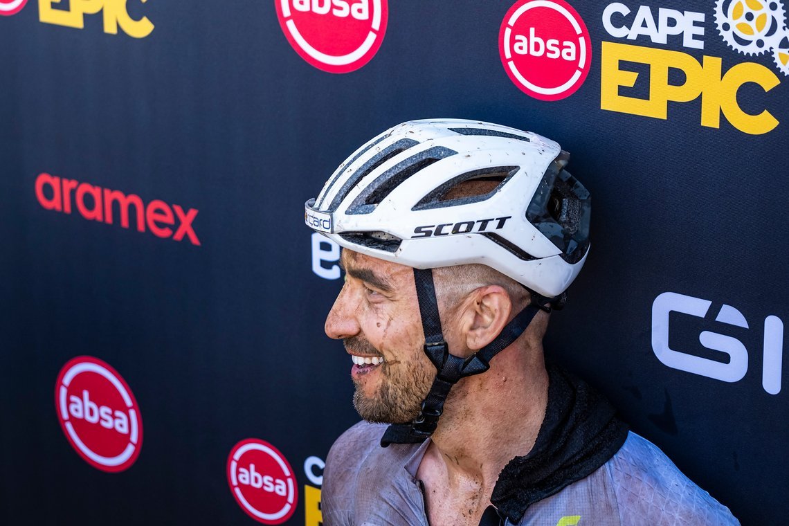 Nino Schurter happy after taking the stage win during Stage 1 of the 2025 Absa Cape Epic Mountain Bike stage race held at Meerendal Wine Estate, Cape Town, South Africa on the 17th March 2025. Photo by Dom Barnardt/Cape Epic
PLEASE ENSURE THE APPROPR