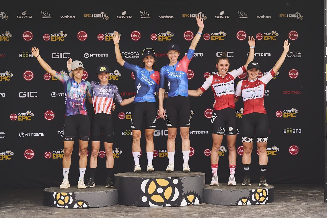 UCI Women Podium during Stage 4 of the 2025 Absa Cape Epic Mountain Bike stage race held at Fairview, Paarl, Cape Town, South Africa on the 20th March 2025. Photo by Michael Chiaretta/Cape Epic
PLEASE ENSURE THE APPROPRIATE CREDIT IS GIVEN TO THE PHO