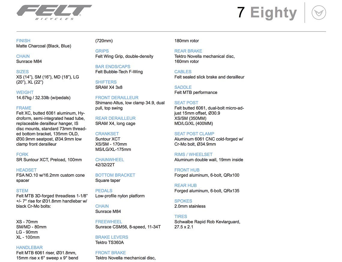 Felt 7 Eighty – Ausstattung