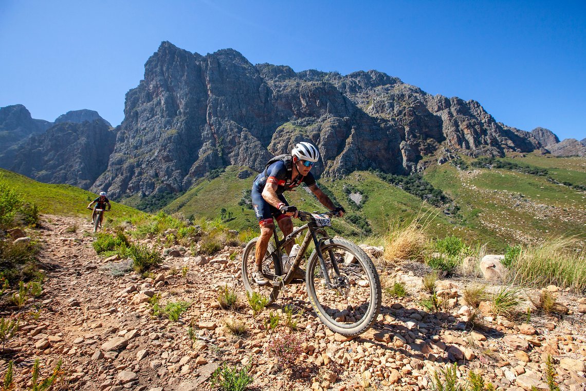 Christian Waelti and Marc Schnyder during stage 1 of the 2022 Absa Cape Epic Mountain Bike stage race from Lourensford Wine
Estate to Lourensford Wine Estate, South Africa on the 21st March 2022. Photo Sam Clark/Cape Epic