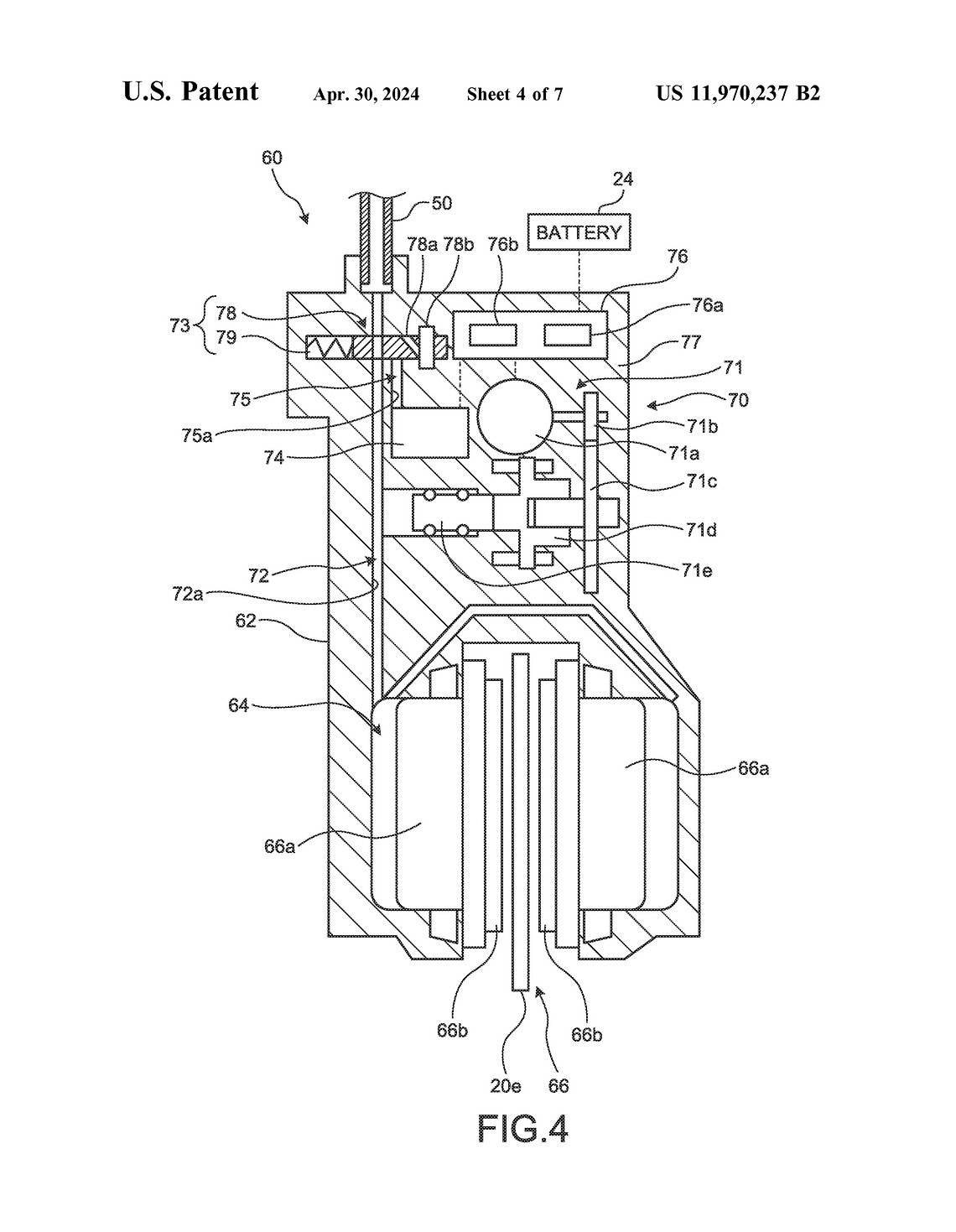 In der Bremszange einer Scheibenbremsanlage wirkt ein Stellmotor oder Servo (71a) auf einen hydraulischen Kolben (71e), Bremsflüssigkeit wird verdrängt, Bremskolben betätigt.