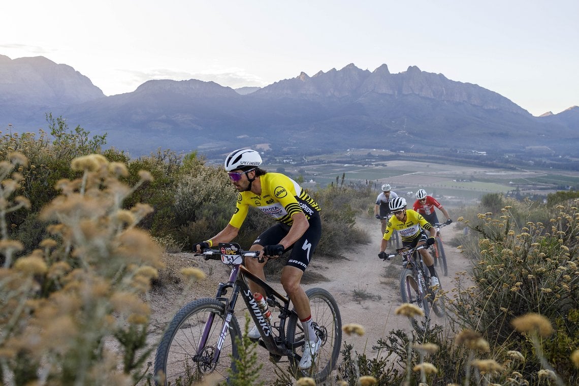 Matt Beers and Howard Grotts of Toyota Specialized 91 during Stage 5 of the 2024 Absa Cape Epic Mountain Bike stage race from CPUT, Wellington to CPUT, Wellington, South Africa on 22 March 2024. Photo by Nick Muzik/Cape Epic
PLEASE ENSURE THE APPROPR