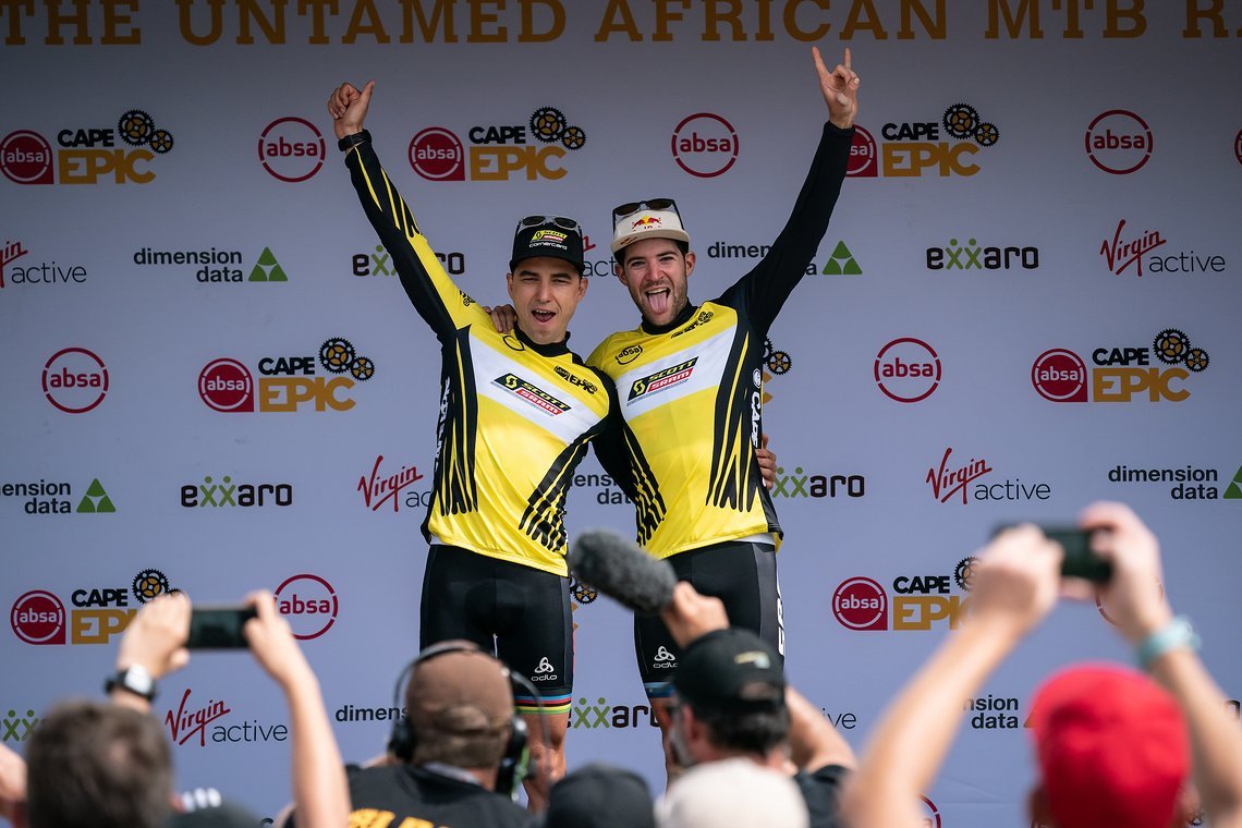 Nino SCHURTER (SUI) and Lars FORSTER (SUI) of team Scott-SRAM MTB-Racing during stage 5 of the 2019 Absa Cape Epic Mountain Bike stage race held from Oak Valley Estate in Elgin to the University of Stellenbosch Sports Fields in Stellenbosch, South Af