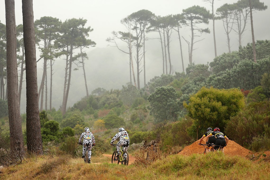 Warwick Van Breda and Wayne Keet lead Martijn Mellaart and William Wertheim Aymes up the climb during the Prologue of the 2019 Absa Cape Epic Mountain Bike stage race held at the University of Cape Town in Cape Town, South Africa on the 17th March 20