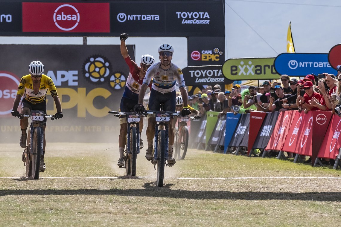 Hans Becking and Wout Alleman take the stage win from Nino Schurter and Sebastian Fini who broke a chain in the sprint during Stage 1 of the 2024 Absa Cape Epic Mountain Bike stage race from Saronsberg Wine Estate to Saronsberg Wine Estate, Tulbagh, 