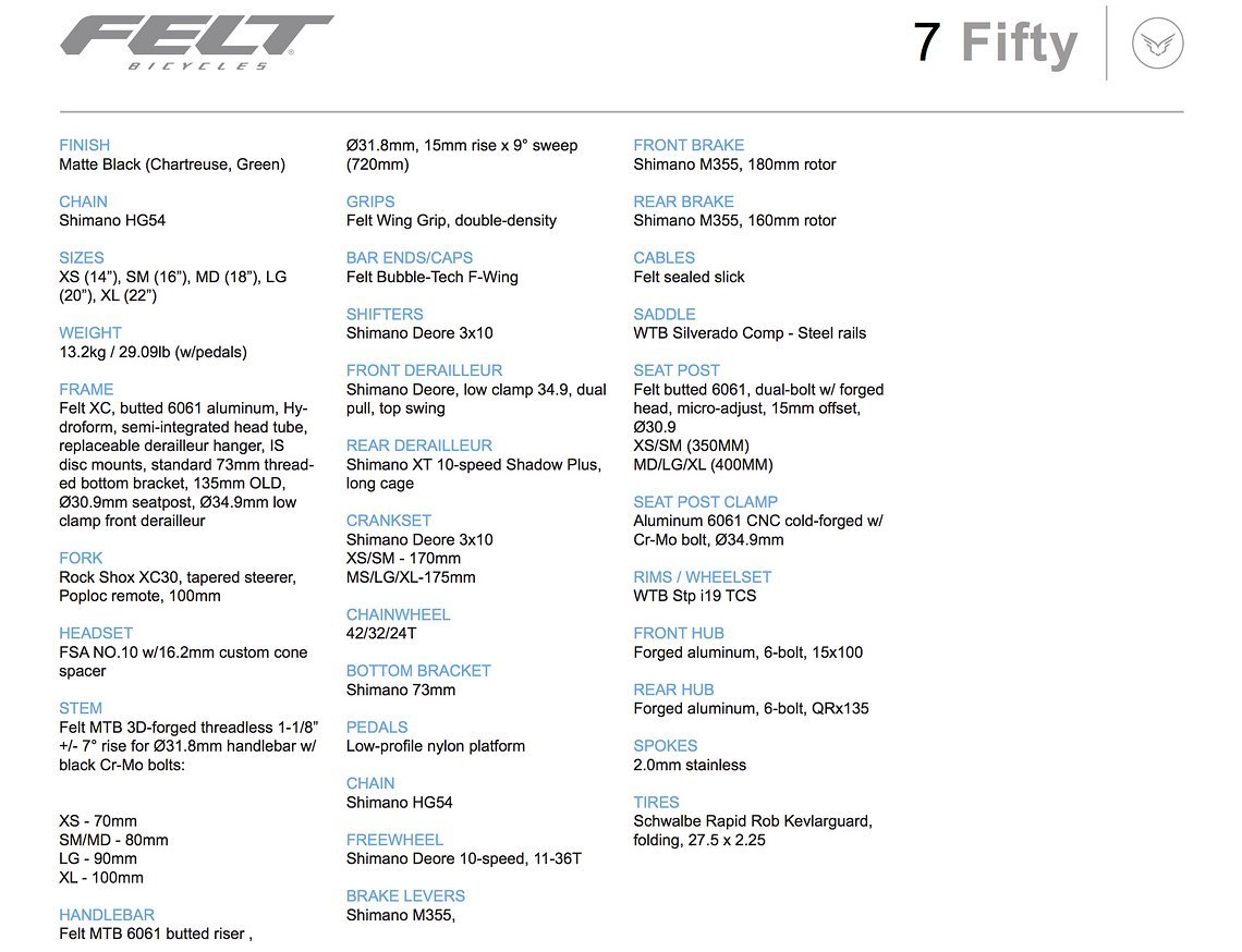 Felt 7 Fifty – Ausstattung