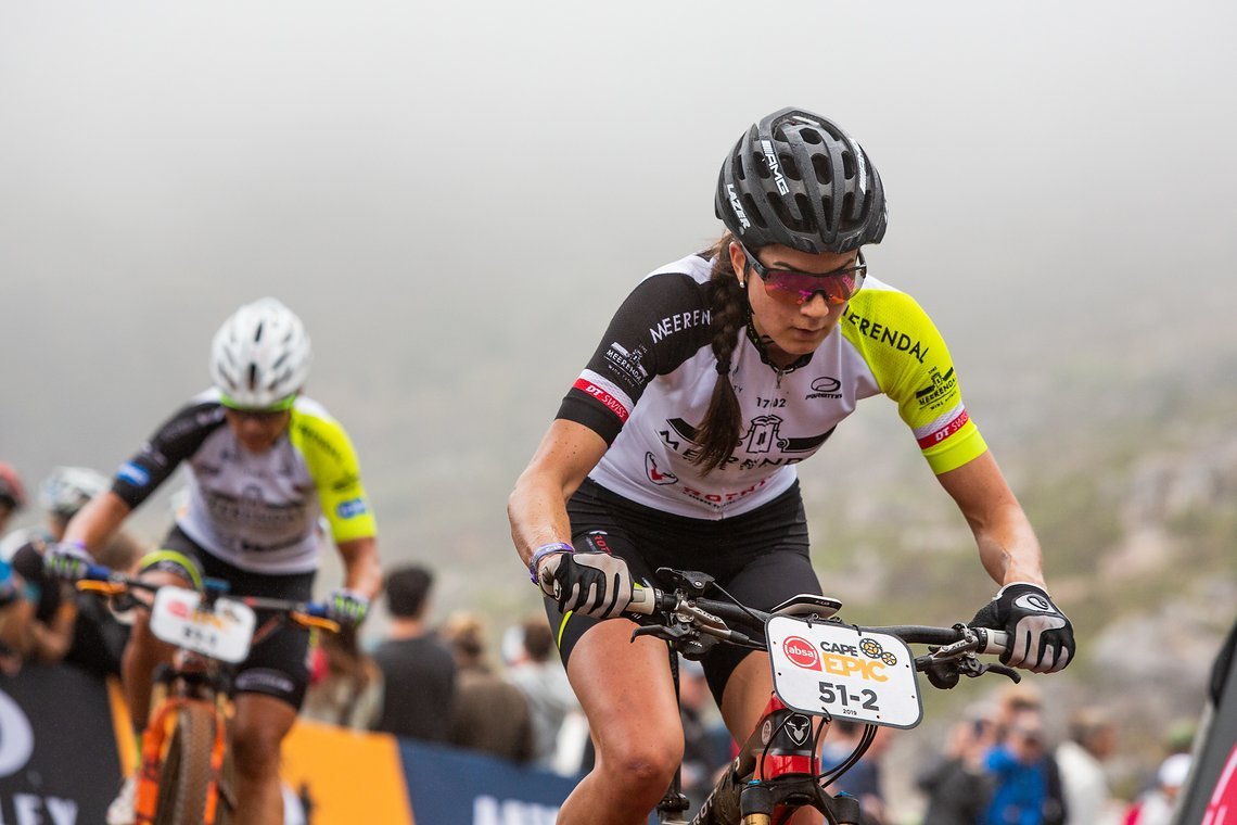 Nadine Rieder (R) and Sabine Spitz (L) during the Prologue of the 2019 Absa Cape Epic Mountain Bike stage race held at the University of Cape Town in Cape Town, South Africa on the 17th March 2019.

Photo by Sam Clark/Cape Epic

PLEASE ENSURE THE