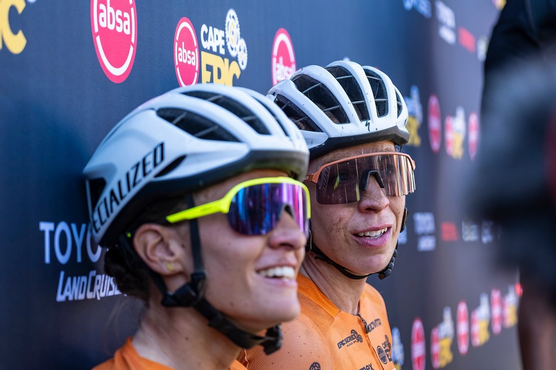 Annika Langvad and Sofia Villifane take the win during Stage 1 of the 2025 Absa Cape Epic Mountain Bike stage race held at Meerendal Wine Estate, Cape Town, South Africa on the 17th March 2025. Photo by Dom Barnardt/Cape Epic
PLEASE ENSURE THE APPROP