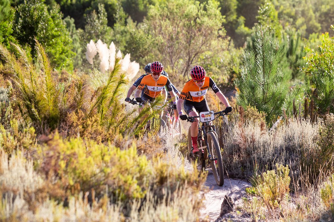 Annika Langvad and Anna van der Breggen during stage 5 of the 2019 Absa Cape Epic Mountain Bike stage race held from Oak Valley Estate in Elgin to the University of Stellenbosch Sports Fields in Stellenbosch, South Africa on the 22nd March 2019.

P