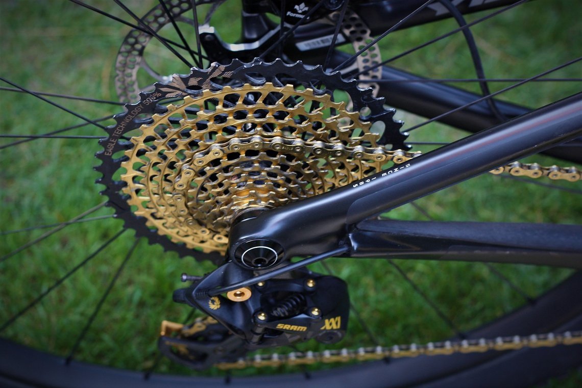 Die goldene SRAM XX1 Eagle sorgt in Kombination mit dem Kashima-Fahrwerk für eine schicke Optik