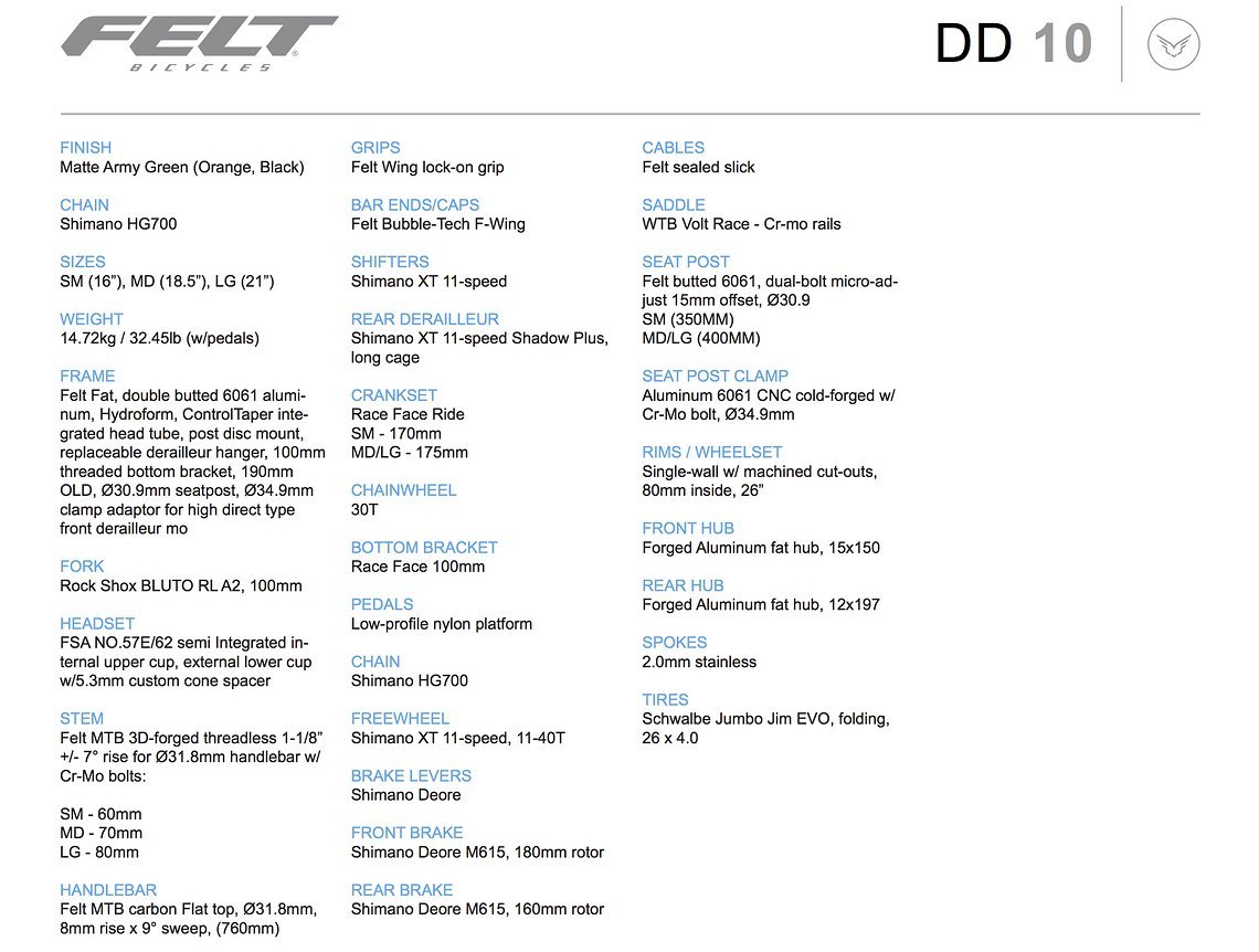 Felt DD 10 – Ausstattung
