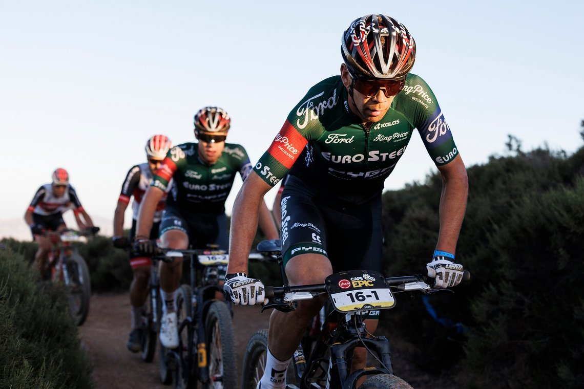 during Stage 1 of the 2025 Absa Cape Epic Mountain Bike stage race held at Meerendal Wine Estate, Cape Town, South Africa on the 17th March 2025. Photo by Nick Muzik/Cape Epic
PLEASE ENSURE THE APPROPRIATE CREDIT IS GIVEN TO THE PHOTOGRAPHER AND ABSA