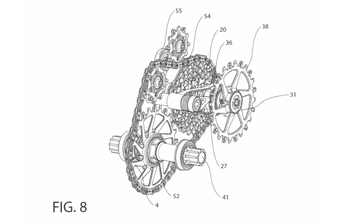 Das Patent umfasst zwei Versionen. In der ersten Version lässt sich die Kassette (20) axial auf der Abtriebswelle verschieben.
