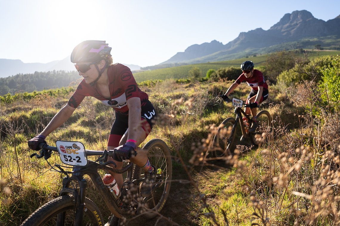 Mariske Strauss and Candice Lill of team Faces Rola during stage 1 of the 2022 Absa Cape Epic Mountain Bike stage race from Lourensford Wine Estate to Lourensford Wine Estate, South Africa on the 21st March 2022.
