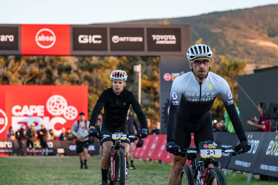 Nino Schurter looking focussed with Filippo Colombo during Stage 1 of the 2025 Absa Cape Epic Mountain Bike stage race held at Meerendal Wine Estate, Cape Town, South Africa on the 17th March 2025. Photo by Dom Barnardt/Cape Epic
PLEASE ENSURE THE AP