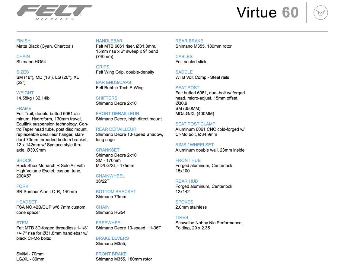 Felt Virtue 60 – Ausstattung