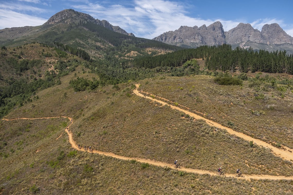 Riders make their way back to Wellington through some single track during Stage 5 of the 2024 Absa Cape Epic Mountain Bike stage race from CPUT, Wellington to CPUT, Wellington, South Africa on 22 March 2024. Photo by Dom Barnardt /Cape Epic
PLEASE EN