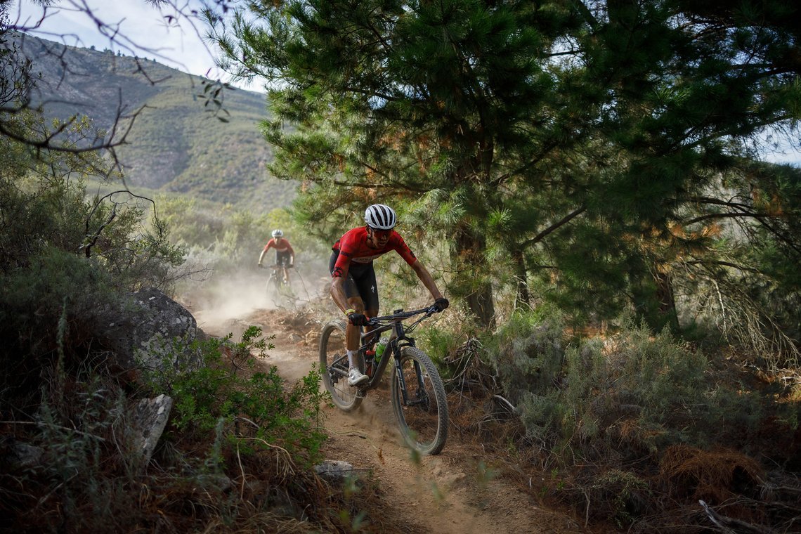 Wessel Botha and Marco Joubert of Imbuko A wear the African Leaders Jersey during Stage 1 of the 2024 Absa Cape Epic Mountain Bike stage race from Saronsberg Wine Estate to Saronsberg Wine Estate, Tulbagh, South Africa on the 18th March 2024. Photo b