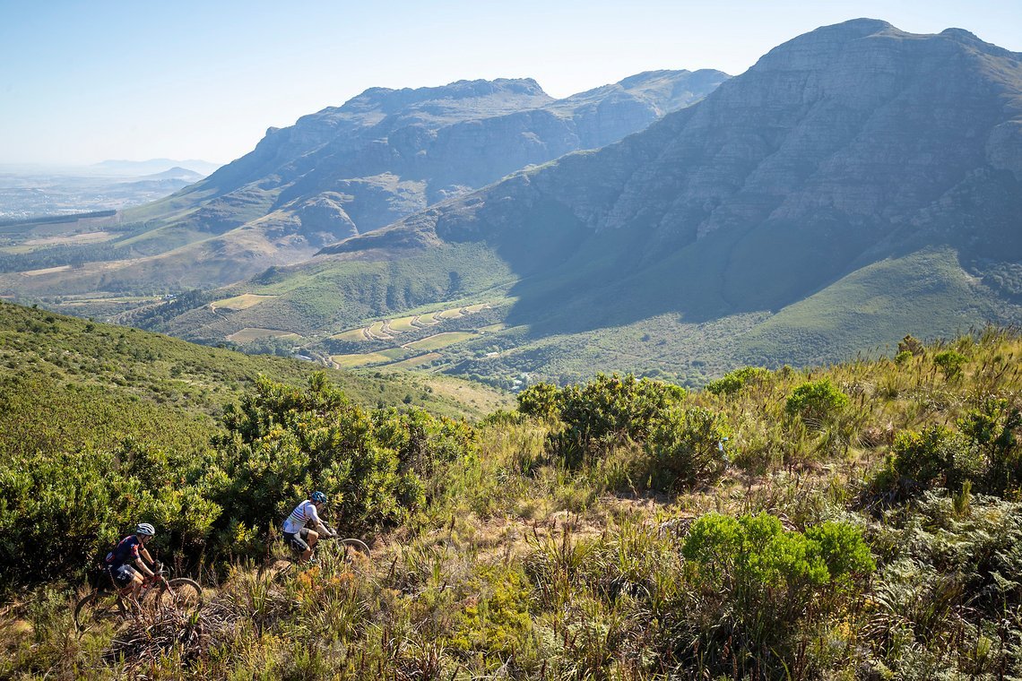 Karl Platt and Christoph Sauser of songo NinetyOne Epic Legends during stage 1 of the 2022 Absa Cape Epic Mountain Bike stage race from Lourensford Wine Estate to Lourensford Wine Estate, South Africa on the 21st March 2022. Photo by Gary Perkin