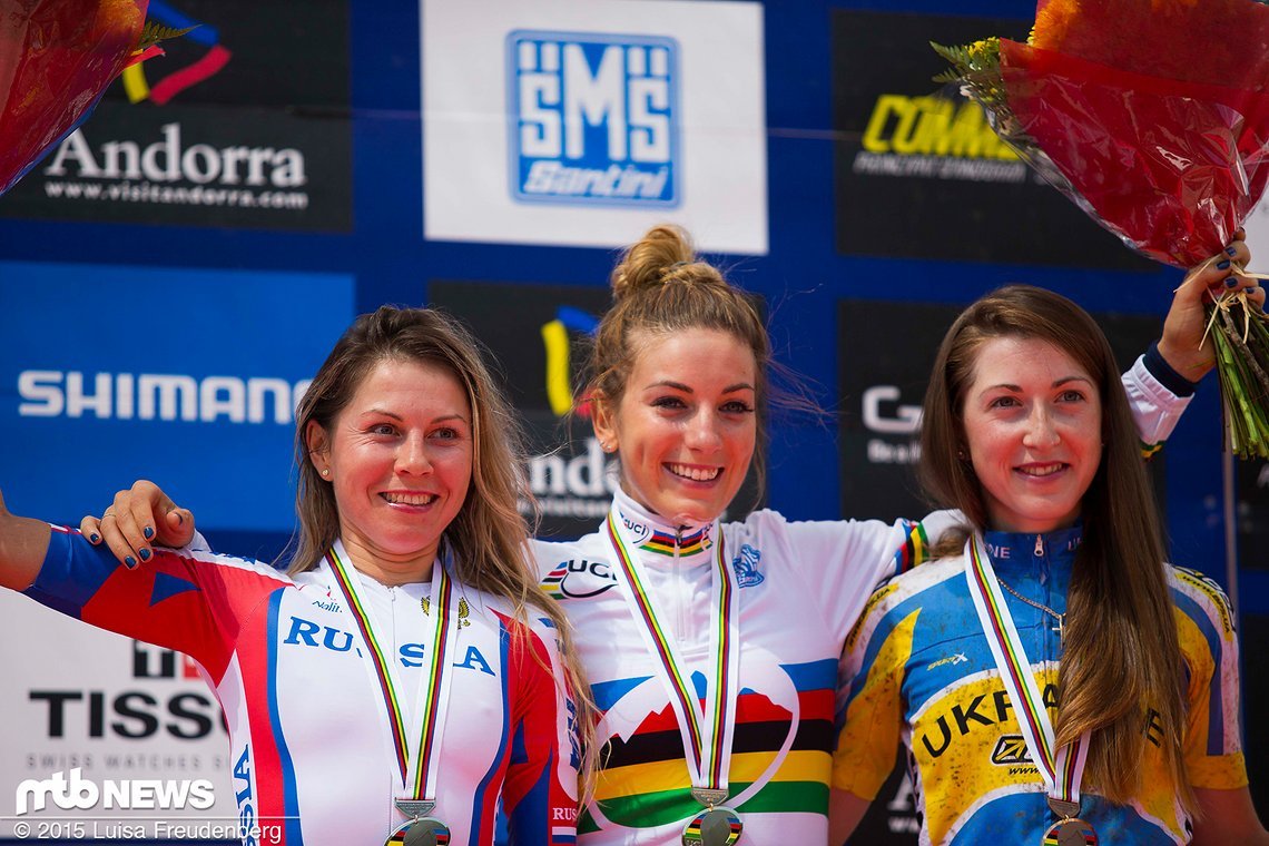 Die schnellsten Damen der Welt: Irina Kalentieva, Pauline Ferrand-Prevot und Yana Belomoina.