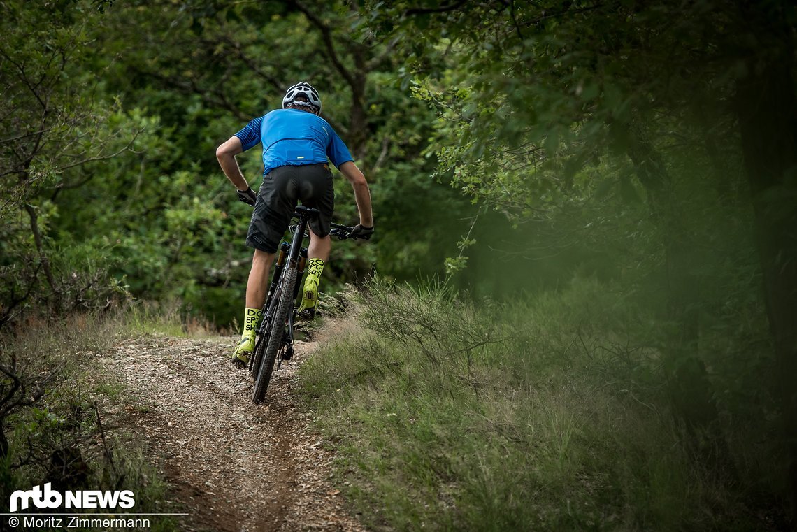 Im Wiegetritt an steilen Anstiegen sorgt die Mischung aus ruhigem Hinterbau und erstaunlich griffigen Maxxis Aspen TR-Reifen für guten Grip am Hinterrad.