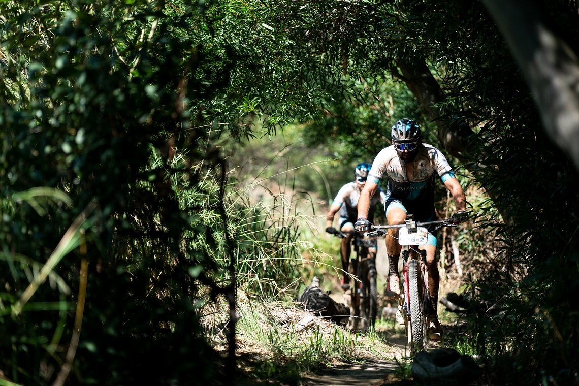 Jose Bernardo Vintimilla Corral and Jorge Brito of team Fairis during stage 1 of the 2022 Absa Cape Epic Mountain Bike stage race from Lourensford Wine Estate to Lourensford Wine Estate, South Africa on the 21st March 2022.