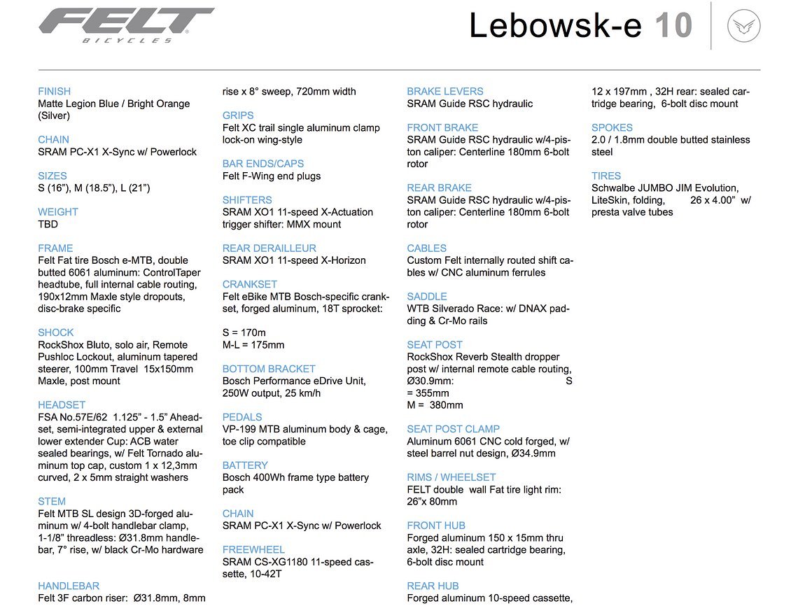 Felt Lebowsk-e 10 – Ausstattung
