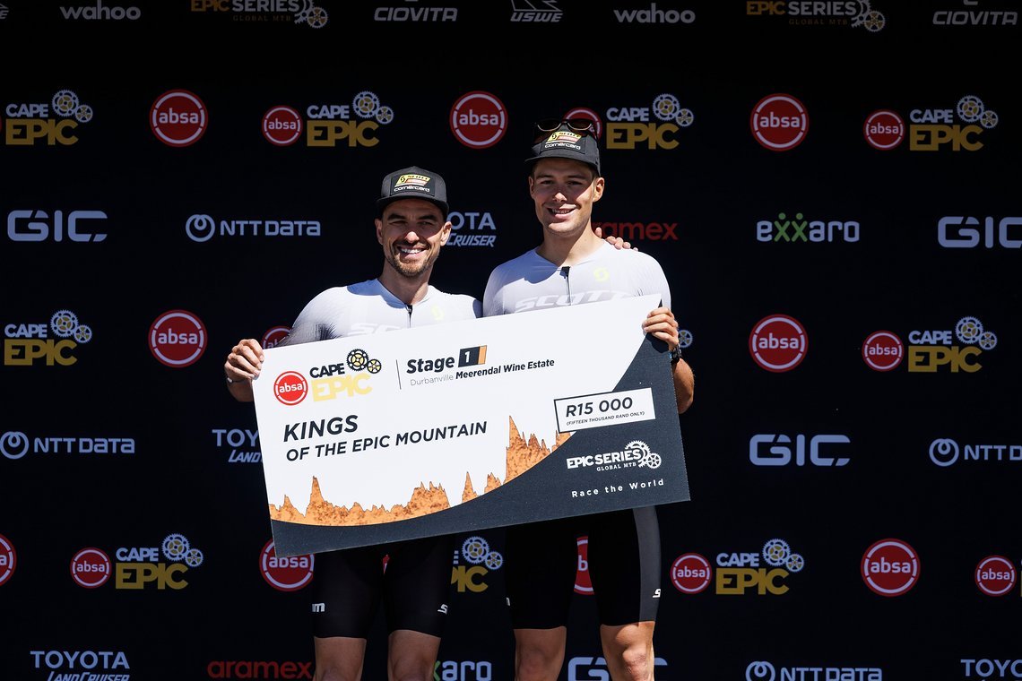 Nino Schurter and Filippo Colombo  win the hot spot during Stage 1 of the 2025 Absa Cape Epic Mountain Bike stage race held at Meerendal Wine Estate, Cape Town, South Africa on the 17th March 2025. Photo by Nick Muzik/Cape Epic
PLEASE ENSURE THE APPR