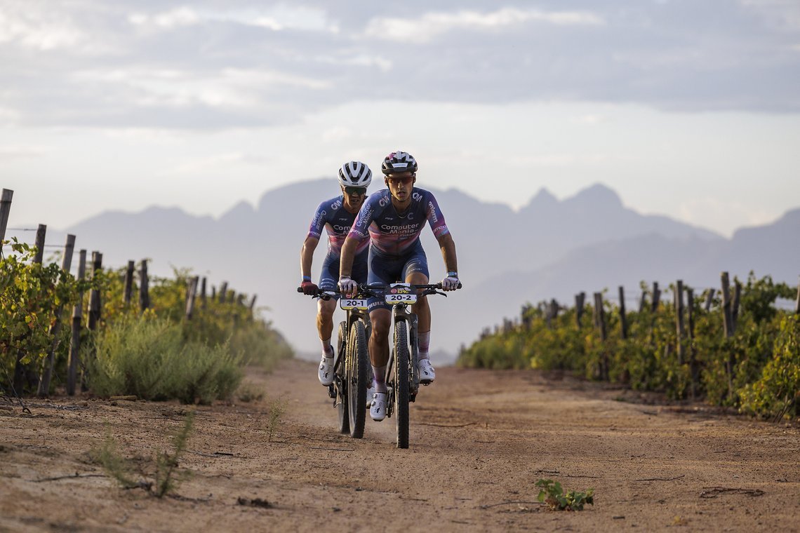 during Stage 4 of the 2025 Absa Cape Epic Mountain Bike stage race held at Fairview, Paarl, Cape Town, South Africa on the 20th March 2025. Photo by Nick Muzik/Cape Epic
PLEASE ENSURE THE APPROPRIATE CREDIT IS GIVEN TO THE PHOTOGRAPHER AND ABSA CAPE 