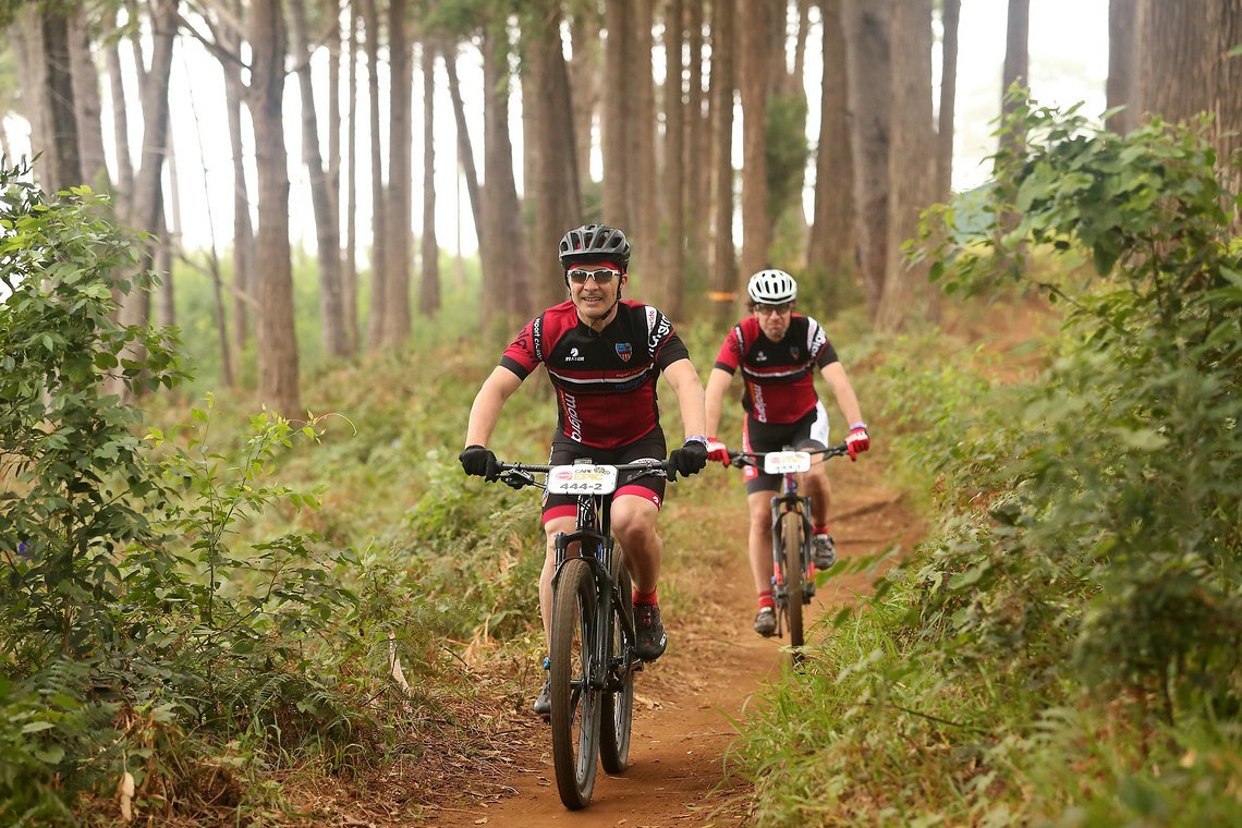 Eusebi Vazquez and Toni Lopez work their way along the trail during the Prologue of the 2019 Absa Cape Epic Mountain Bike stage race held at the University of Cape Town in Cape Town, South Africa on the 17th March 2019.

Photo by Shaun Roy/Cape Epi