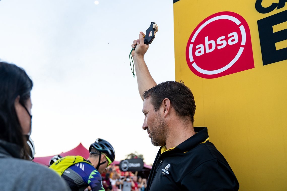 The starting gun fires during stage 1 of the 2022 Absa Cape Epic Mountain Bike stage race from Lourensford Wine Estate to Lourensford Wine Estate, South Africa on the 21st March 2022.