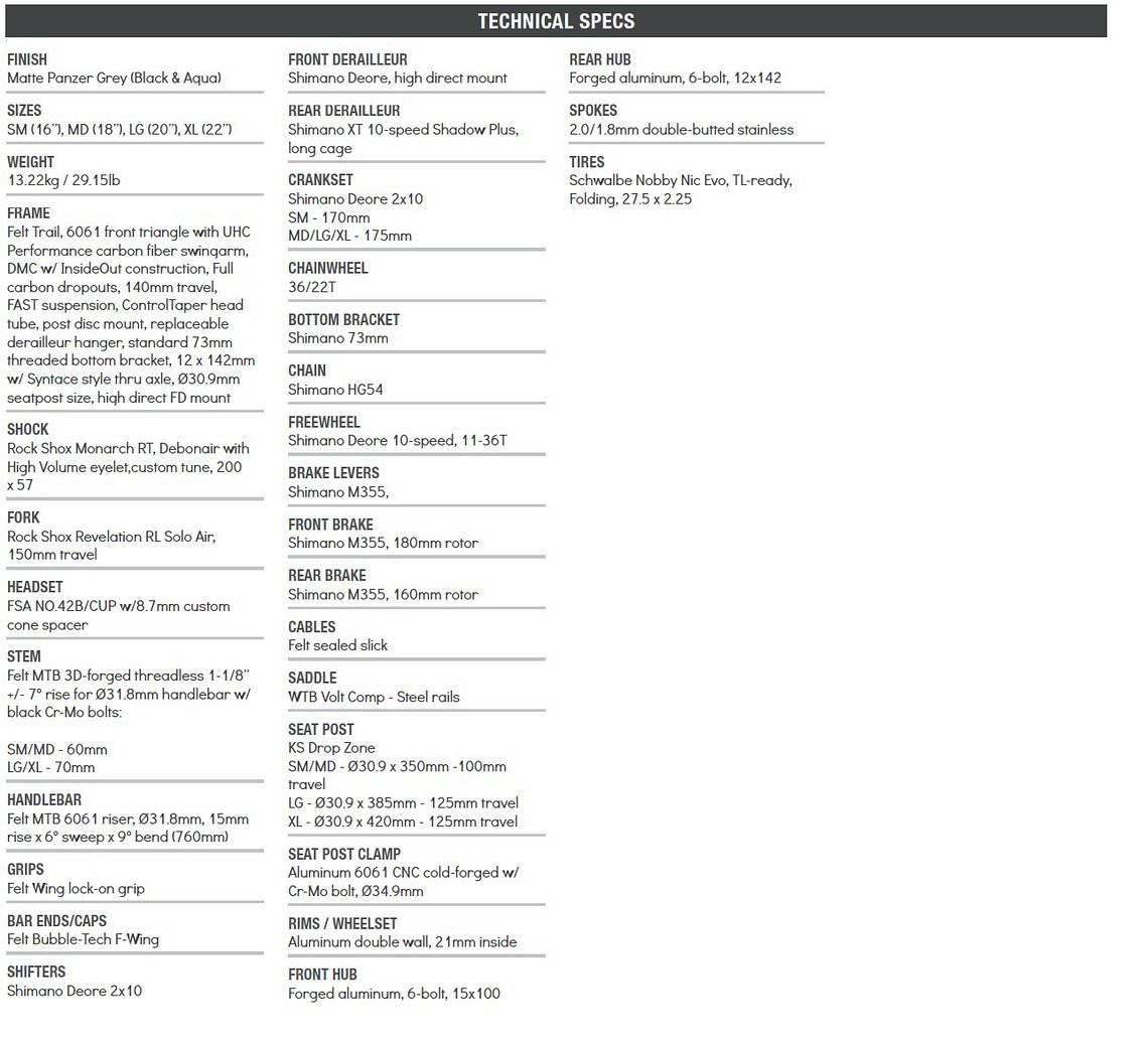 Felt Decree 30 Specs