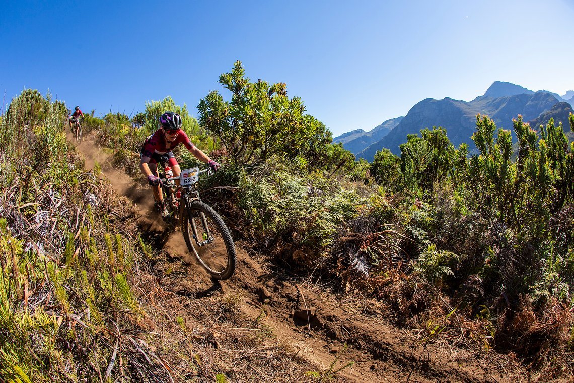 Mariske Strauss and Candice Lill during stage 1 of the 2022 Absa Cape Epic Mountain Bike stage race from Lourensford Wine
Estate to Lourensford Wine Estate, South Africa on the 21st March 2022. Photo Sam Clark/Cape Epic