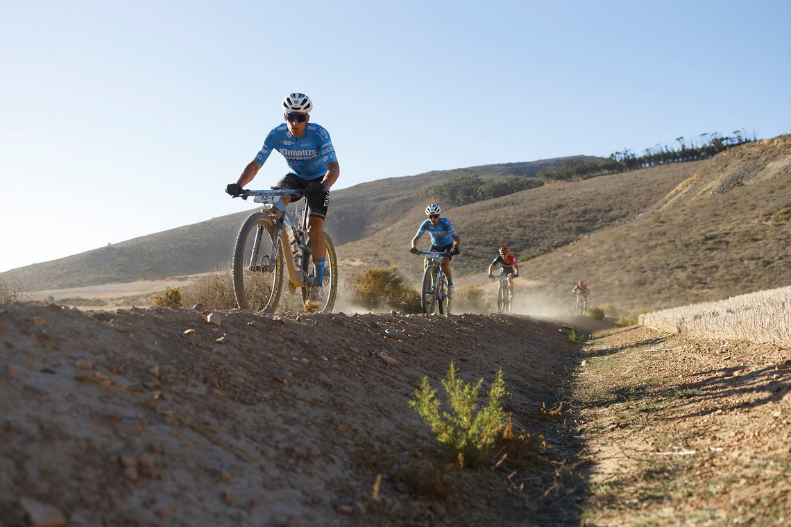 during Stage 1 of the 2025 Absa Cape Epic Mountain Bike stage race held at Meerendal Wine Estate, Cape Town, South Africa on the 17th March 2025. Photo by Nick Muzik/Cape Epic
PLEASE ENSURE THE APPROPRIATE CREDIT IS GIVEN TO THE PHOTOGRAPHER AND ABSA