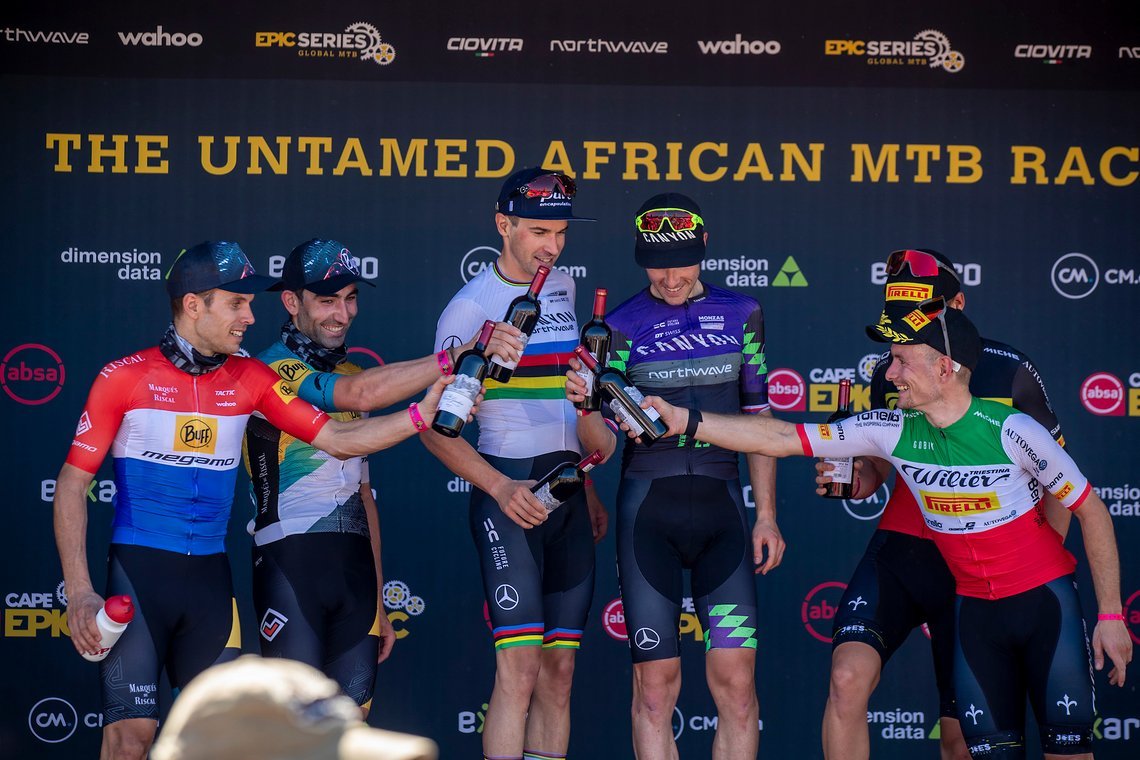 Mens Podium (L to R) Hans Becking and Jose Dias of BUFF-MEGAMO (2nd), Andreas Seewald & Martin Stošek of Canyon Northwave Mtb (1st) and Fabio Rabensteiner and Wout Alleman of Wilier Pirelli (3rd) during stage 1 of the 2022 Absa Cape Epic Mountain Bik