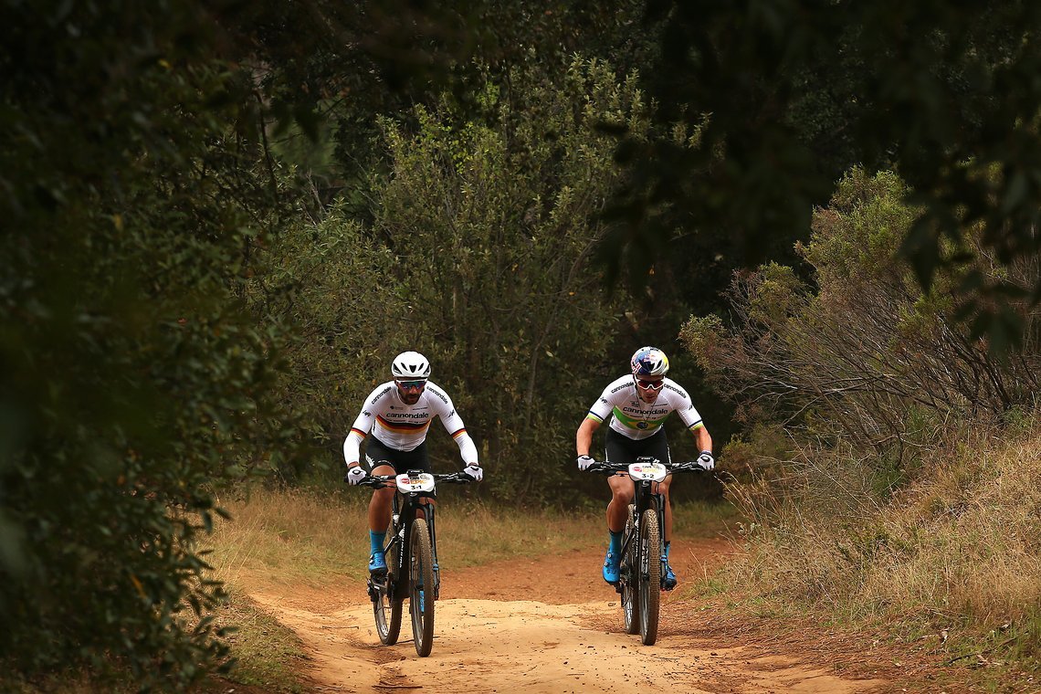 Manuel Fumic and Henrique Avancini of Cannondale Factory Racing during the Prologue of the 2019 Absa Cape Epic Mountain Bike stage race held at the University of Cape Town in Cape Town, South Africa on the 17th March 2019.

Photo by Shaun Roy/Cape 