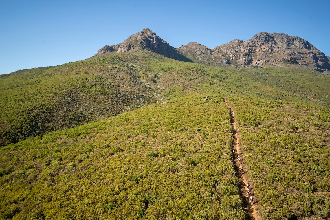 Riders during stage 1 of the 2022 Absa Cape Epic Mountain Bike stage race from Lourensford Wine Estate to Lourensford Wine Estate, South Africa on the 21st March 2022. Photo by Gary Perkin