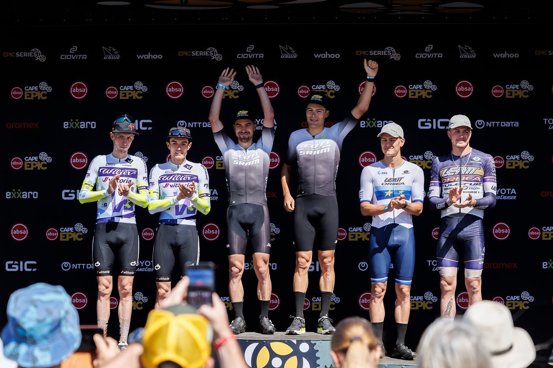 Nino Schurter and Filippo Colombo  win  Stage 1 of the 2025 Absa Cape Epic Mountain Bike stage race held at Meerendal Wine Estate, Cape Town, South Africa on the 17th March 2025. Photo by Nick Muzik/Cape Epic
PLEASE ENSURE THE APPROPRIATE CREDIT IS G