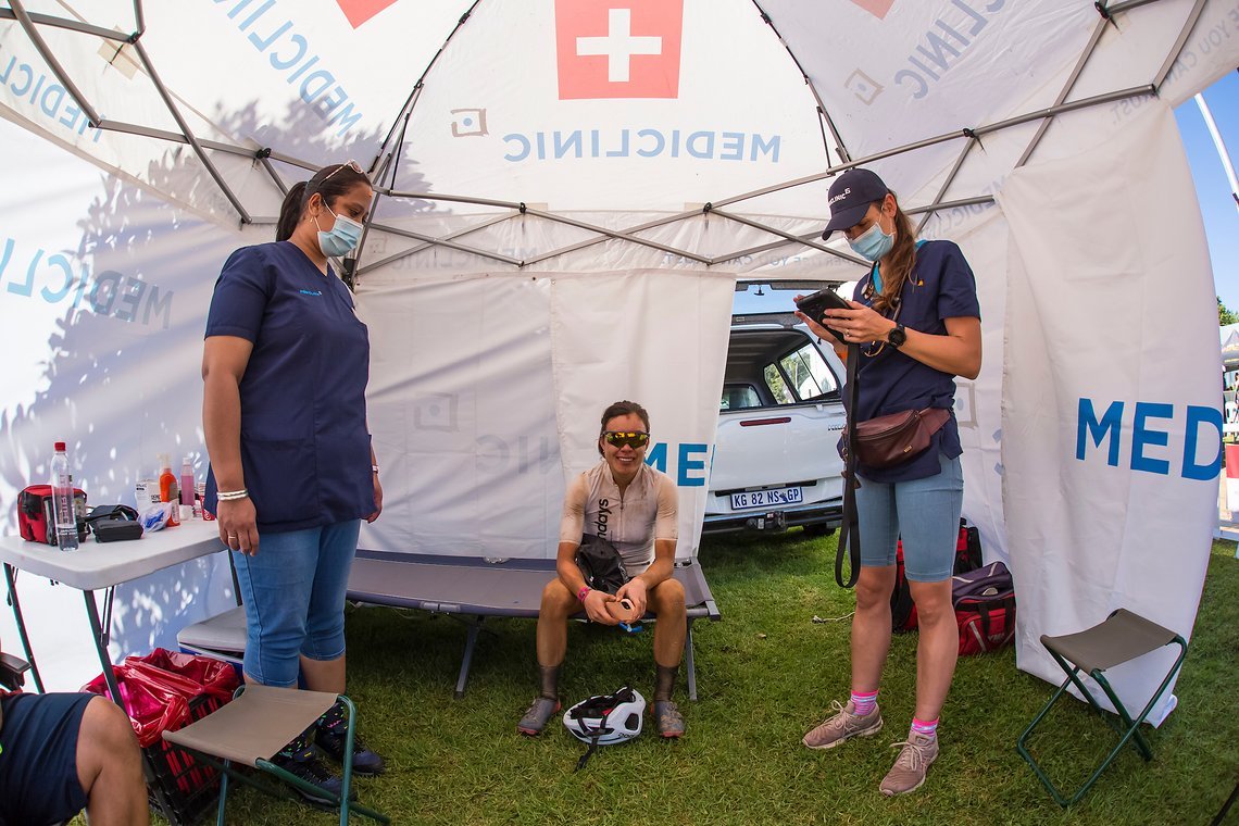 Lady rider had to pull out during stage 1 of the 2022 Absa Cape Epic Mountain Bike stage race from Lourensford Wine Estate to Lourensford Wine Estate, South Africa on the 21st March 2022. © Dom Barnardt / Cape Epic